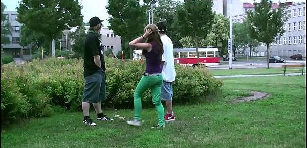  Middle of a street public sex threesome with hot blonde teen girl Alexis Crystal